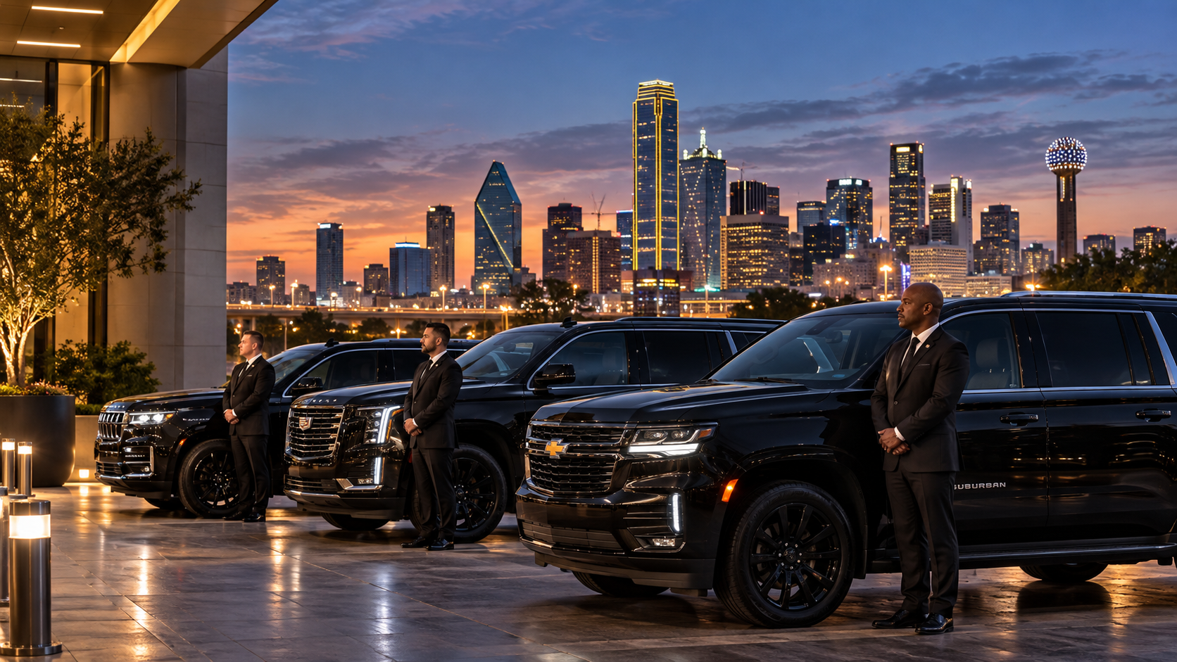 OSM Rides chauffeurs with late-model black Suburban, Escalade and Wagoneer SUVs against the Dallas skyline