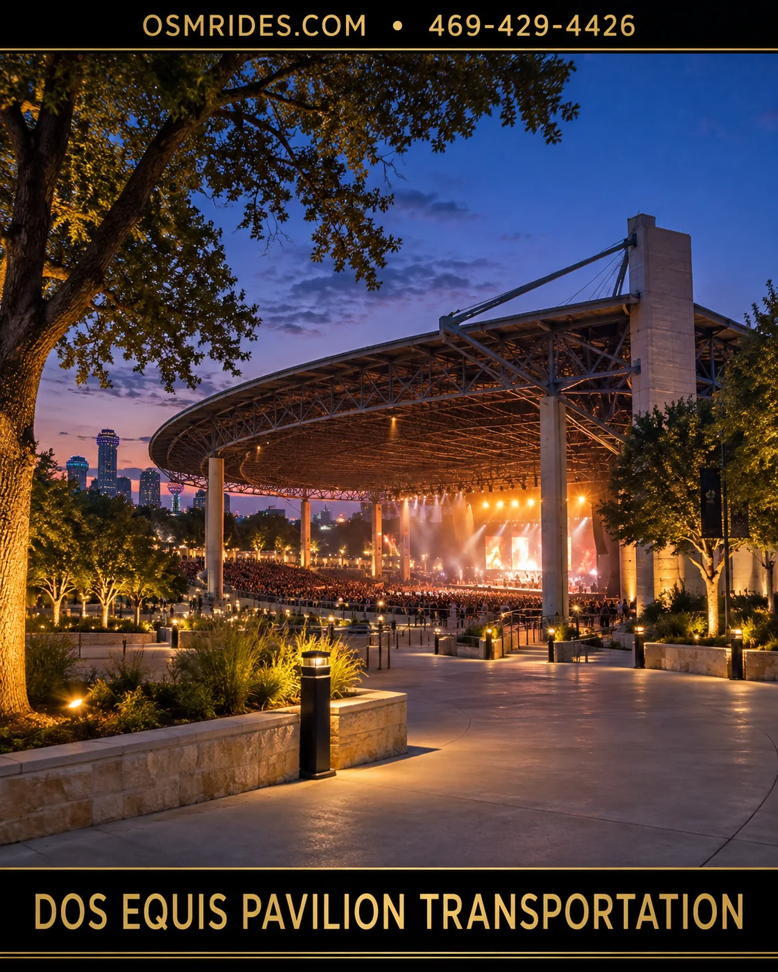 Dos Equis Pavilion amphitheater in Dallas at dusk — OSM Rides chauffeured transportation graphic