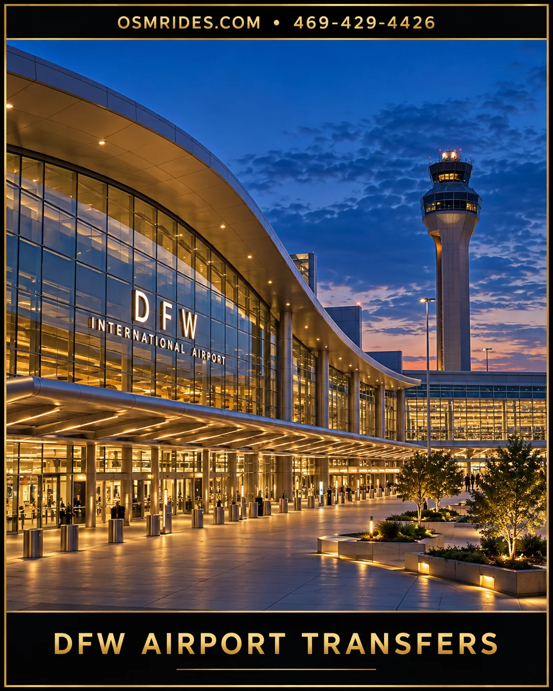 DFW International Airport terminal at dusk — OSM Rides DFW airport chauffeur service