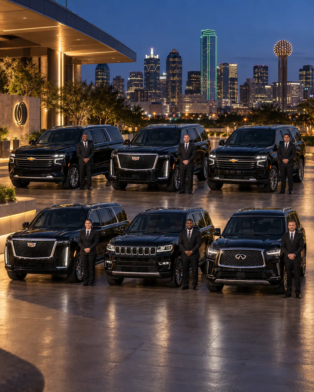 OSM Rides chauffeurs with late-model black Suburban, Escalade and Wagoneer SUVs against the Dallas skyline