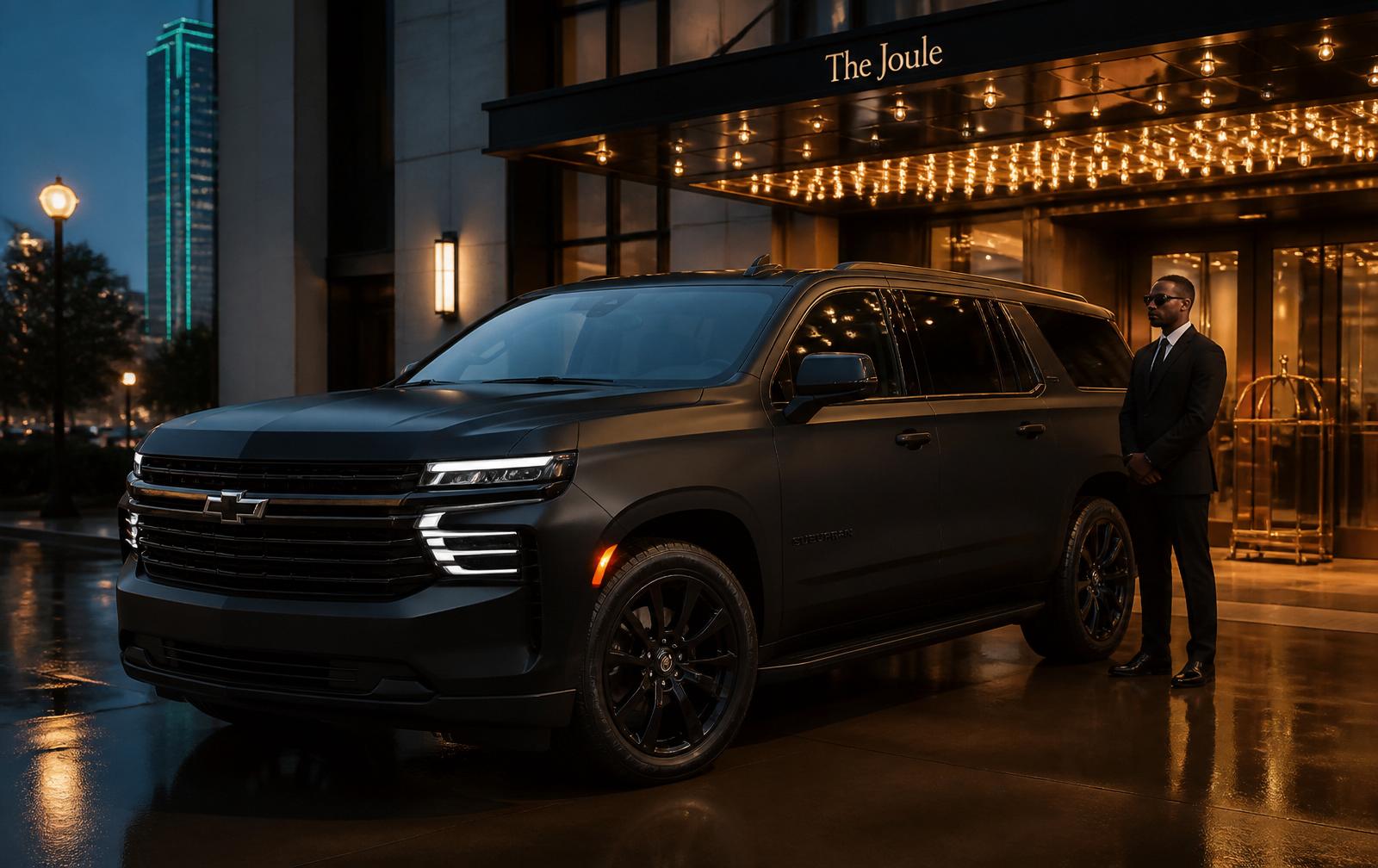 Matte black Chevrolet Suburban chauffeur SUV at a luxury Dallas hotel