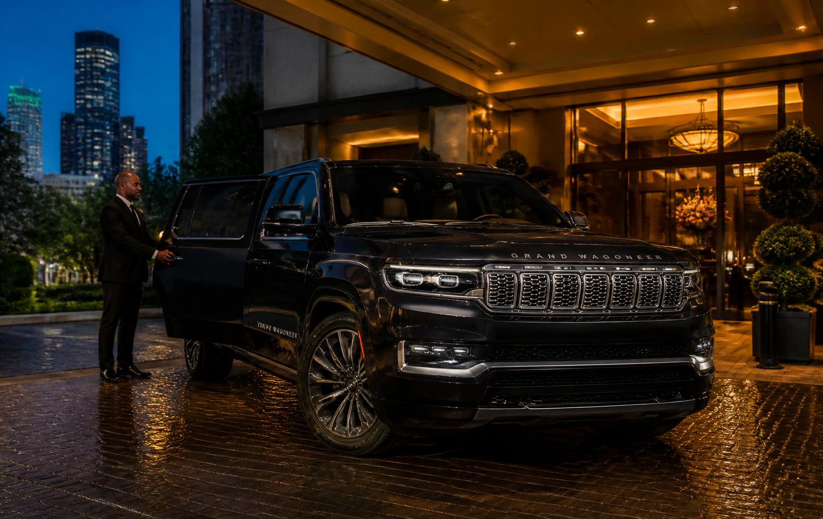 Black Jeep Grand Wagoneer luxury SUV with chauffeur at a five-star DFW hotel