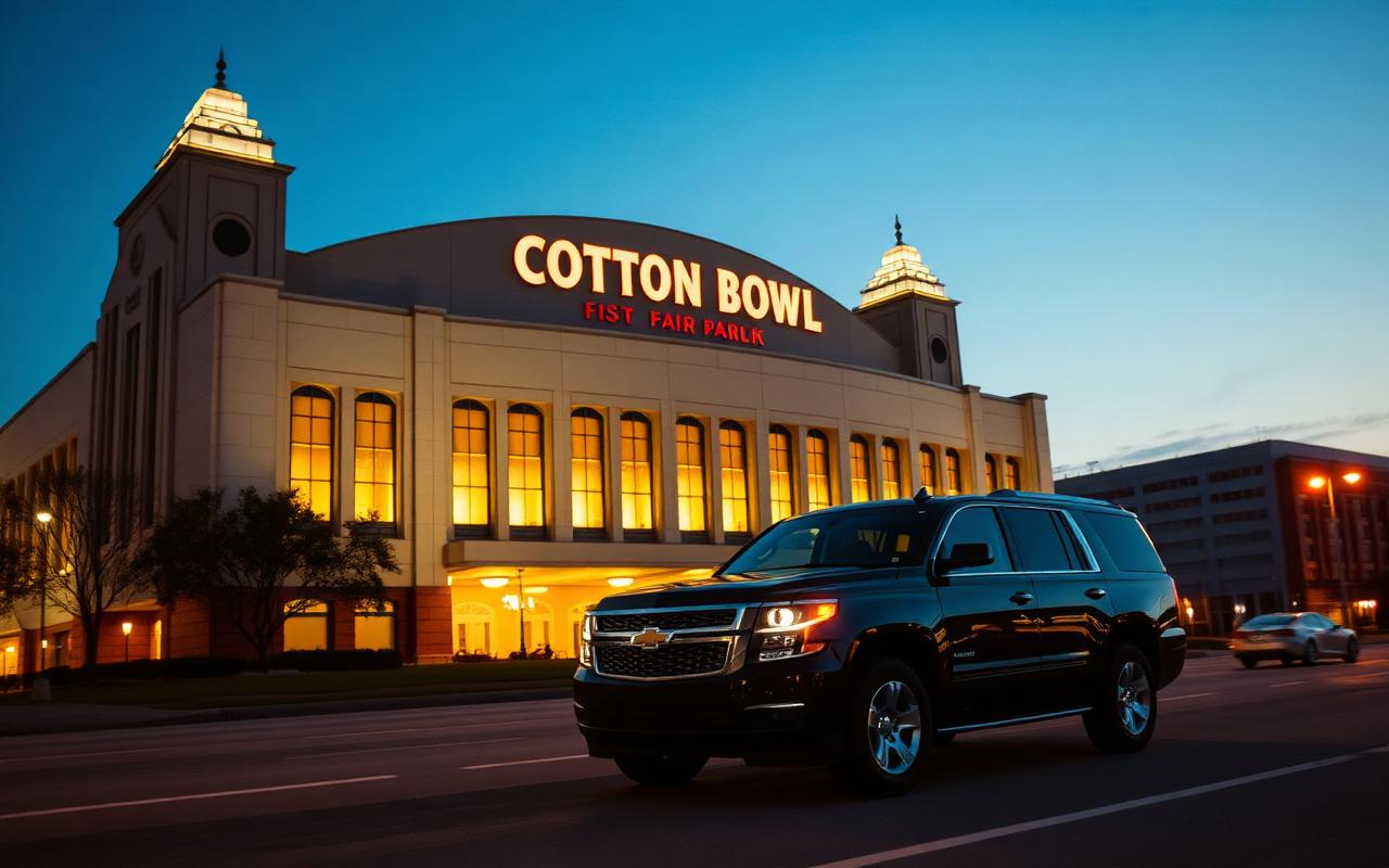 Black Suburban arriving at Cotton Bowl Stadium in Dallas Fair Park
