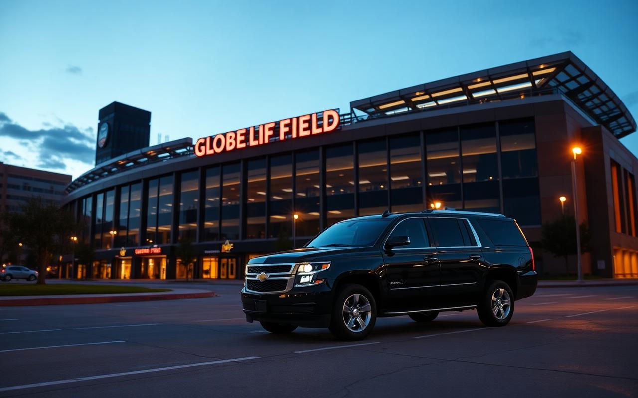 Luxury black SUV chauffeur at Globe Life Field in Arlington before a Rangers game